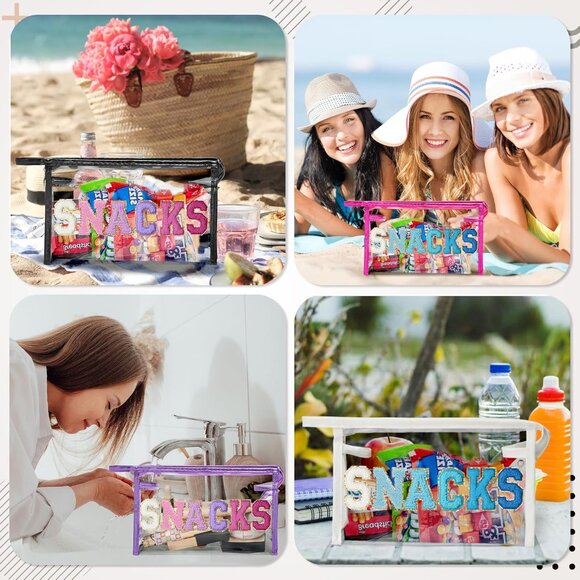 Large Clear SNACKS Pouch - Preppy Patch Rose Red Chenille Varsity Letter PVC Tra - Picture 6 of 6